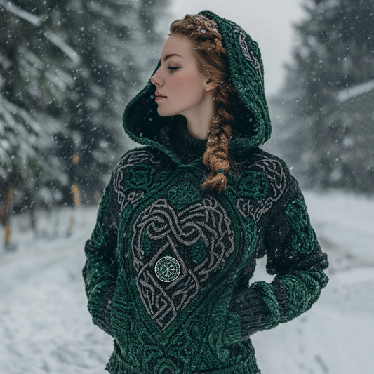 Women's Viking Tribal Jacquard Celtic Inspired Chunky Knit Hooded Sweater elevenforest