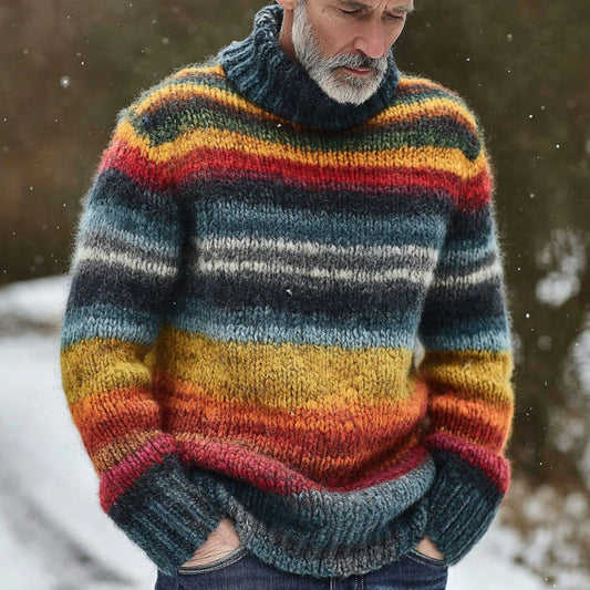 Men's Vintage Rainbow Stripe Knit Jacquard Fairman Island Jacquard Thick Warm Turtle Neck Sweater elevenforest