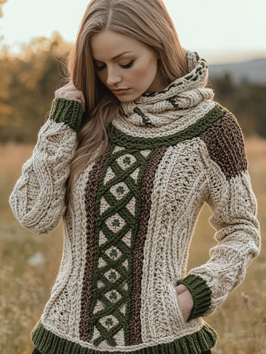 Women's Irish Celtic Knotted Jacquard Pocket Ireland's Hooded Sweater elevenforest