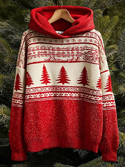 Vintage Christmas Tree Pattern Cozy Hooded Sweater artswardrobe
