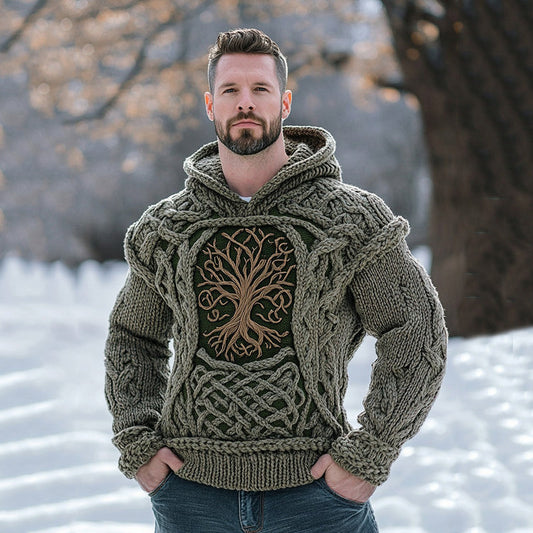Men's Viking Tribal Life Of Tree Inspired Chunky Knit Hooded Sweater elevenforest