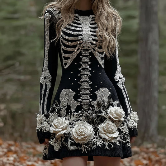 Comstylish Women's Vintage Skull Rose Comfortable Elegant Sweater Dress