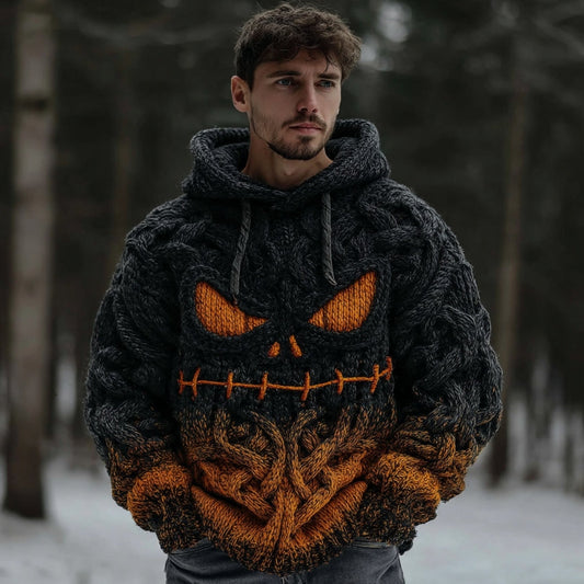 Men's Halloween Spooky Face Gradient Inspired Knitted Cozy Hooded Sweater elevenforest