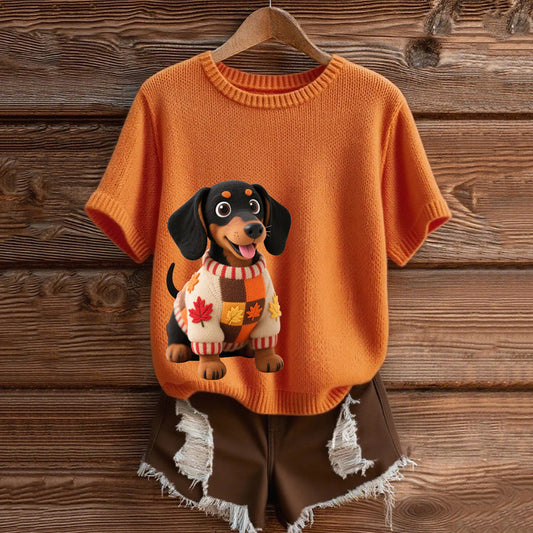 Vintage Dachshund With Felt In Autumn Inspired Embroidered Short Sleeve Cozy Knit Sweater elevenforest